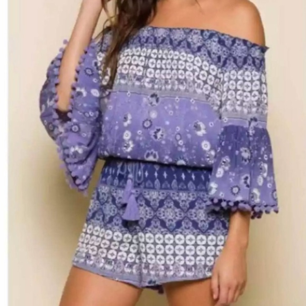 NWT Anthropologie Raga Blue and White Mazo Pommed Romper Size S